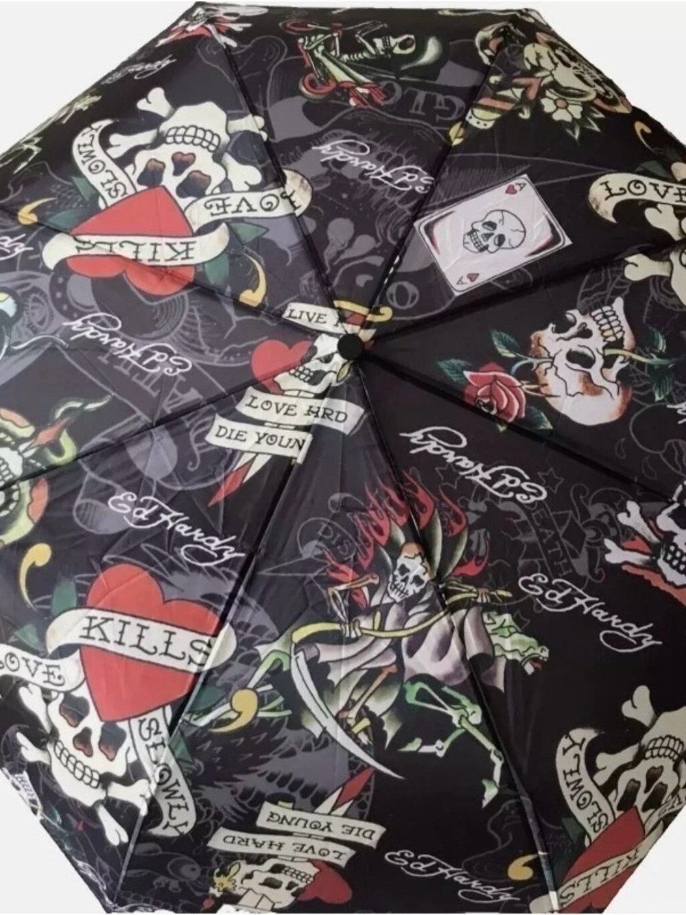 NWT ED HARDY LOVE KILLS SLOWLY BLACK UMBRELLA WITH CASE